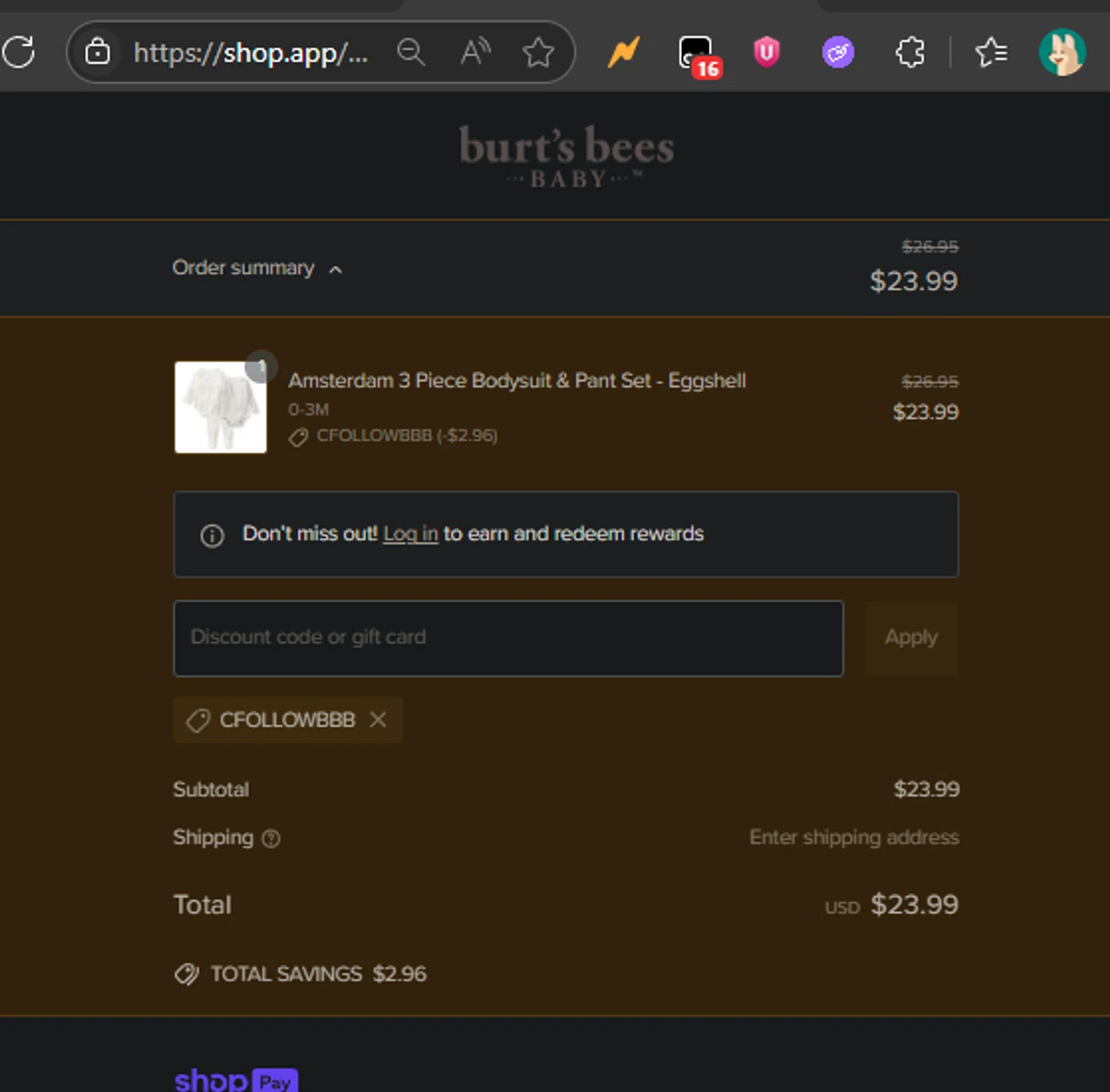 Burt's Bees Baby discount code screenshot showing code CFOLLOWBBB applied at Burt's Bees Baby checkout page. Uploaded by SimplyCodes community member Gianpiero on Jun 18, 2025