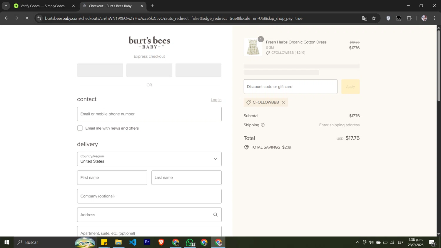 Burt's Bees Baby discount code screenshot showing code CFOLLOWBBB applied at Burt's Bees Baby checkout page. Uploaded by SimplyCodes community member Pansito on Jul 28, 2025