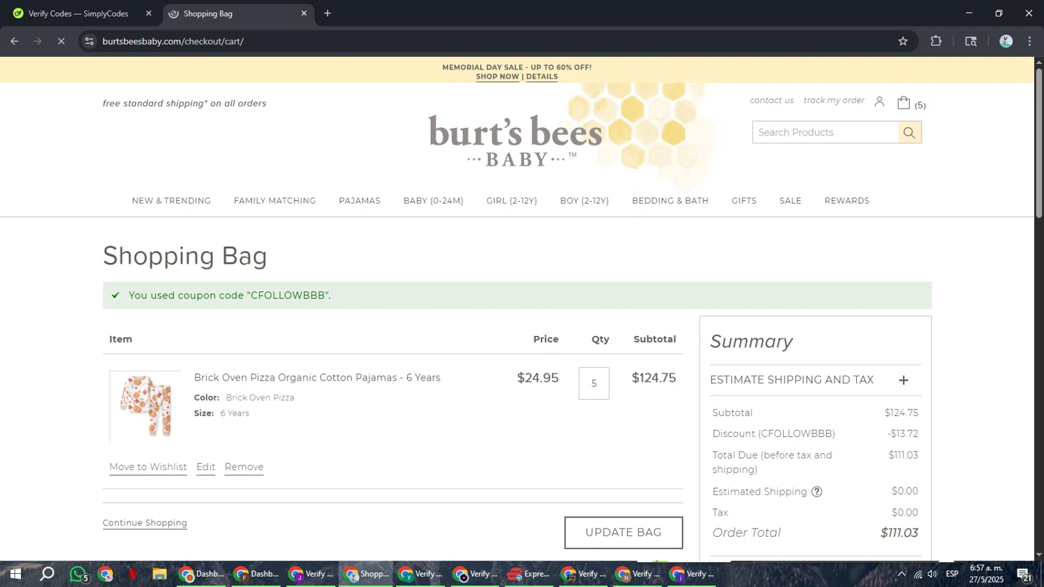 Burt's Bees Baby discount code screenshot showing code CFOLLOWBBB applied at Burt's Bees Baby checkout page. Uploaded by SimplyCodes community member ShrewdSeeker6165 on May 27, 2025
