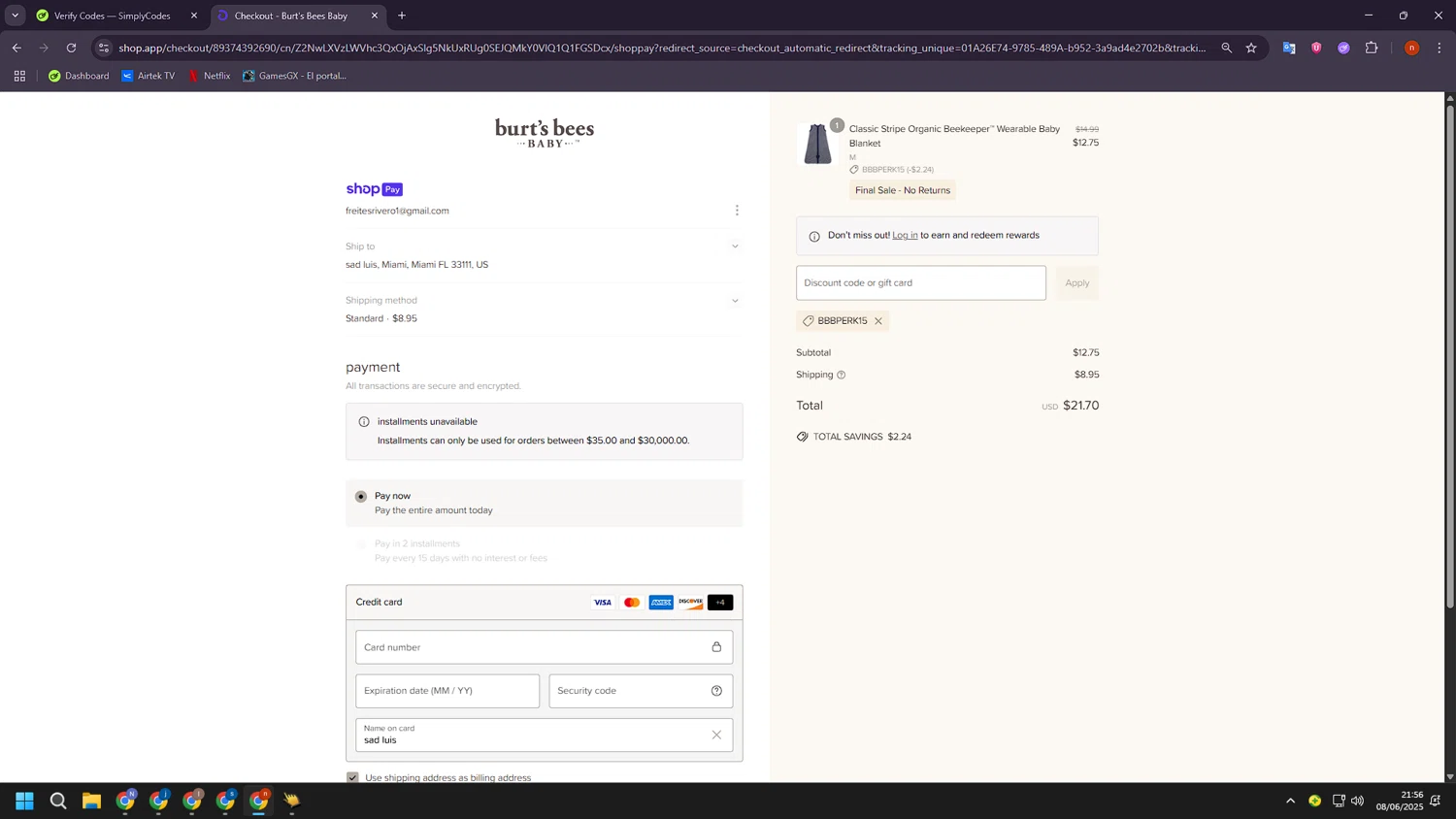 Burt's Bees Baby discount code screenshot showing code BBBPERK15 applied at Burt's Bees Baby checkout page. Uploaded by SimplyCodes community member BudgetShopper182 on Jun 9, 2025