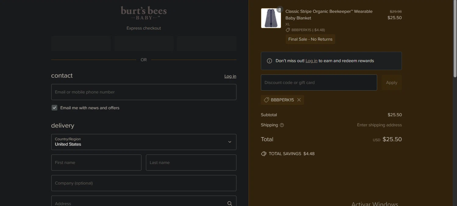 Burt's Bees Baby discount code screenshot showing code BBBPERK15 applied at Burt's Bees Baby checkout page. Uploaded by SimplyCodes community member Pollofrito on Jun 19, 2025