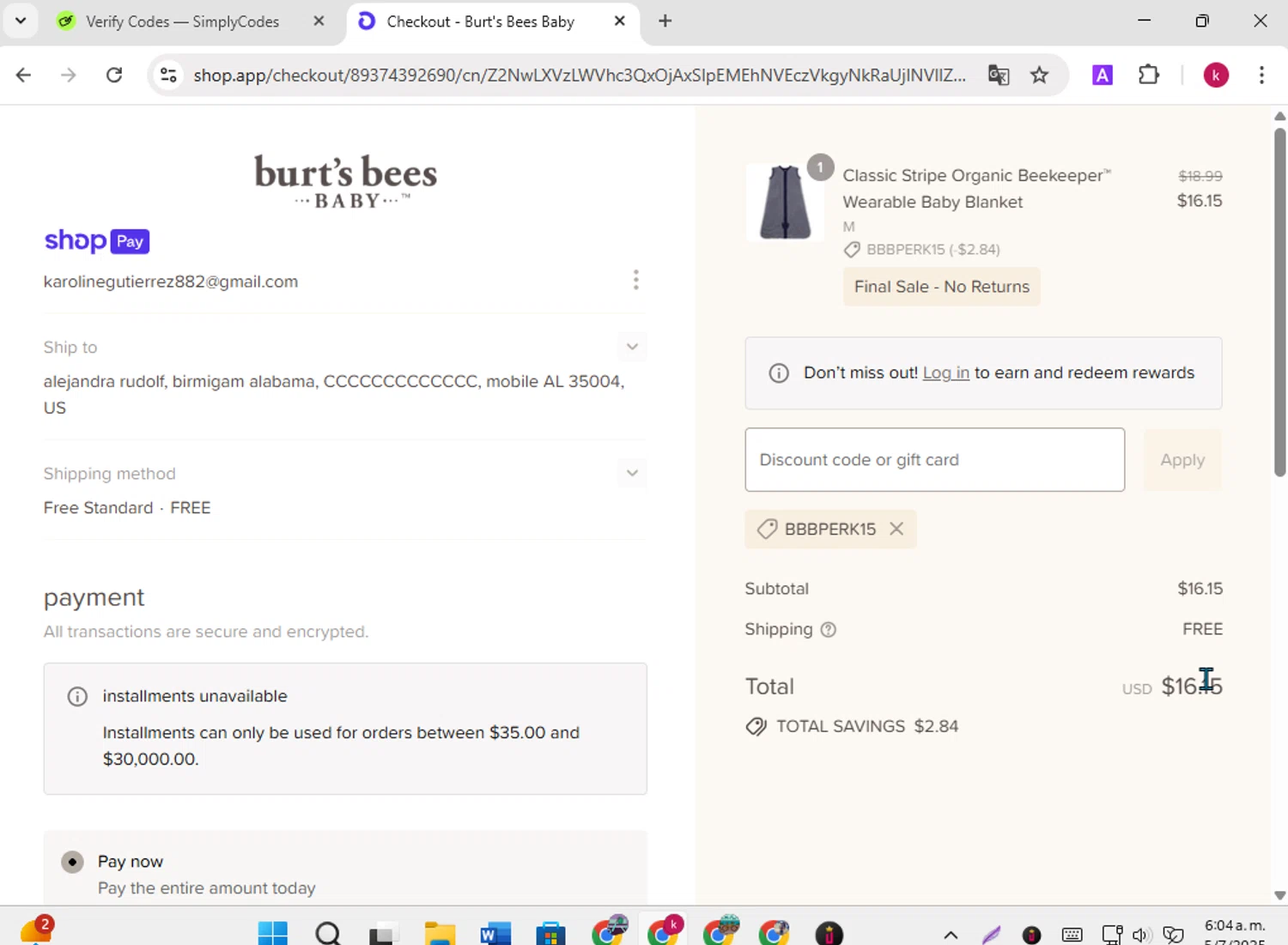 Burt's Bees Baby discount code screenshot showing code BBBPERK15 applied at Burt's Bees Baby checkout page. Uploaded by SimplyCodes community member karoline on Jul 5, 2025