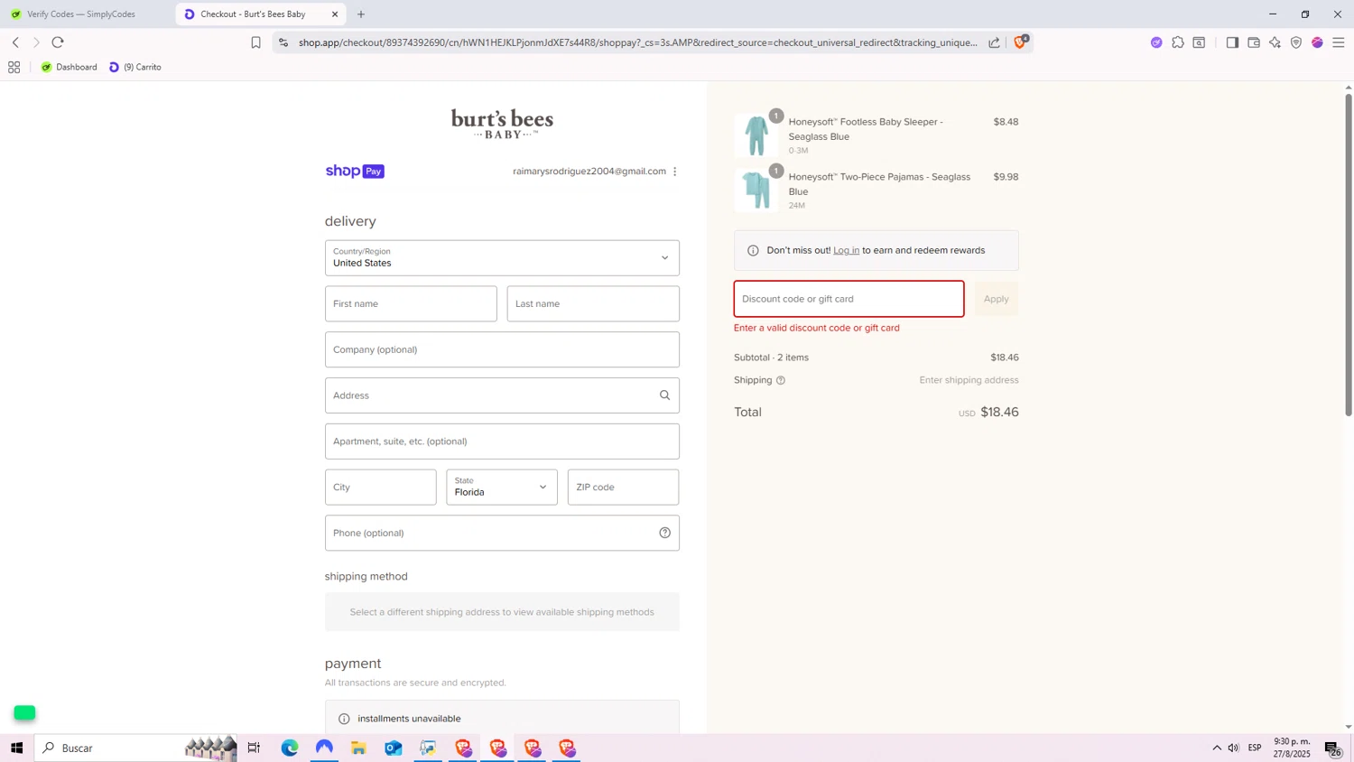 Burt's Bees Baby discount code screenshot showing code HONEYSOFT30 applied at Burt's Bees Baby checkout page. Uploaded by SimplyCodes community member Nezukooo on Aug 28, 2025
