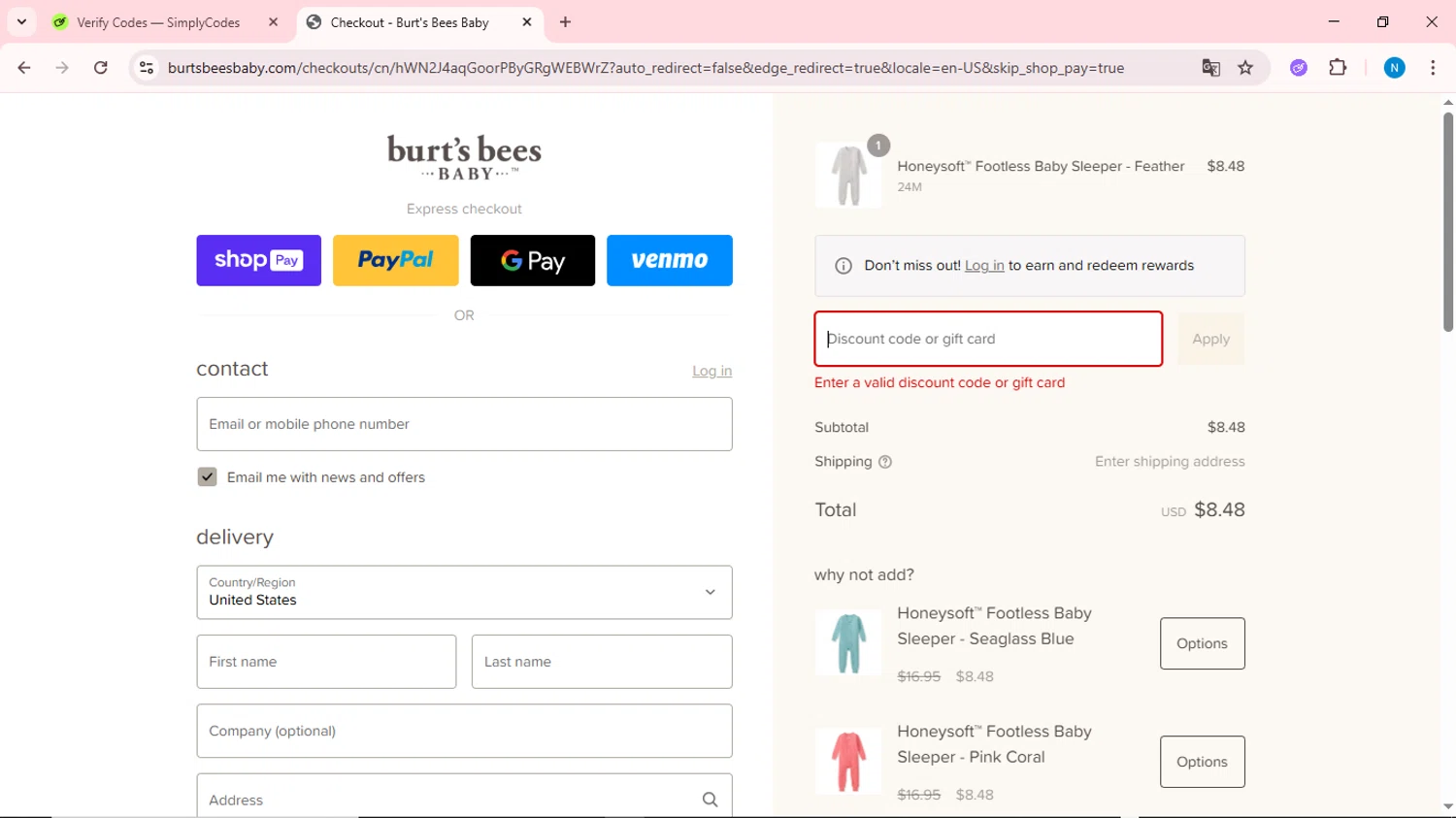 Burt's Bees Baby discount code screenshot showing code HONEYSOFT30 applied at Burt's Bees Baby checkout page. Uploaded by SimplyCodes community member QuestOwl6398 on Aug 28, 2025