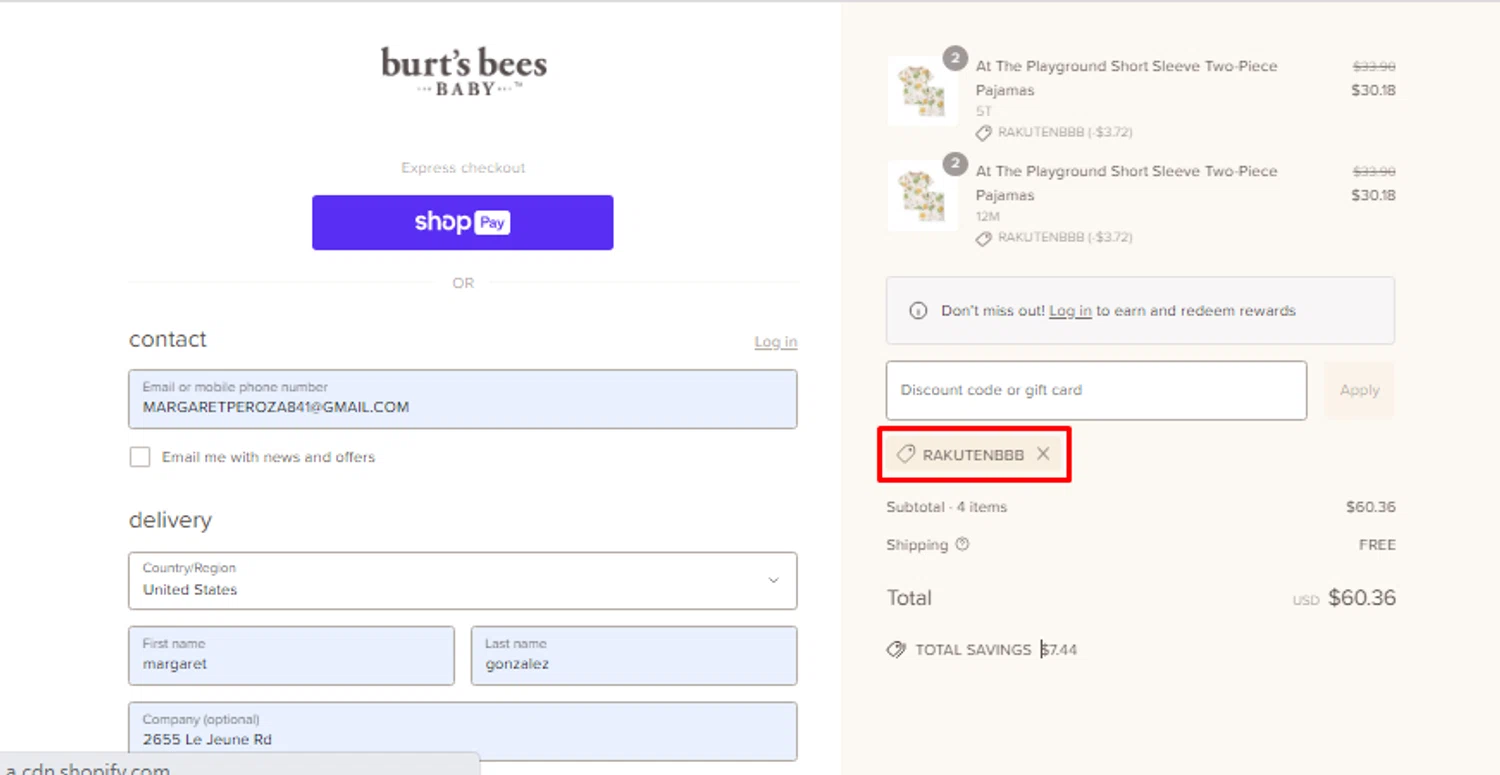 Burt's Bees Baby discount code screenshot showing code RAKUTENBBB applied at Burt's Bees Baby checkout page. Uploaded by SimplyCodes community member SavingsTitan4239 on Jun 9, 2025