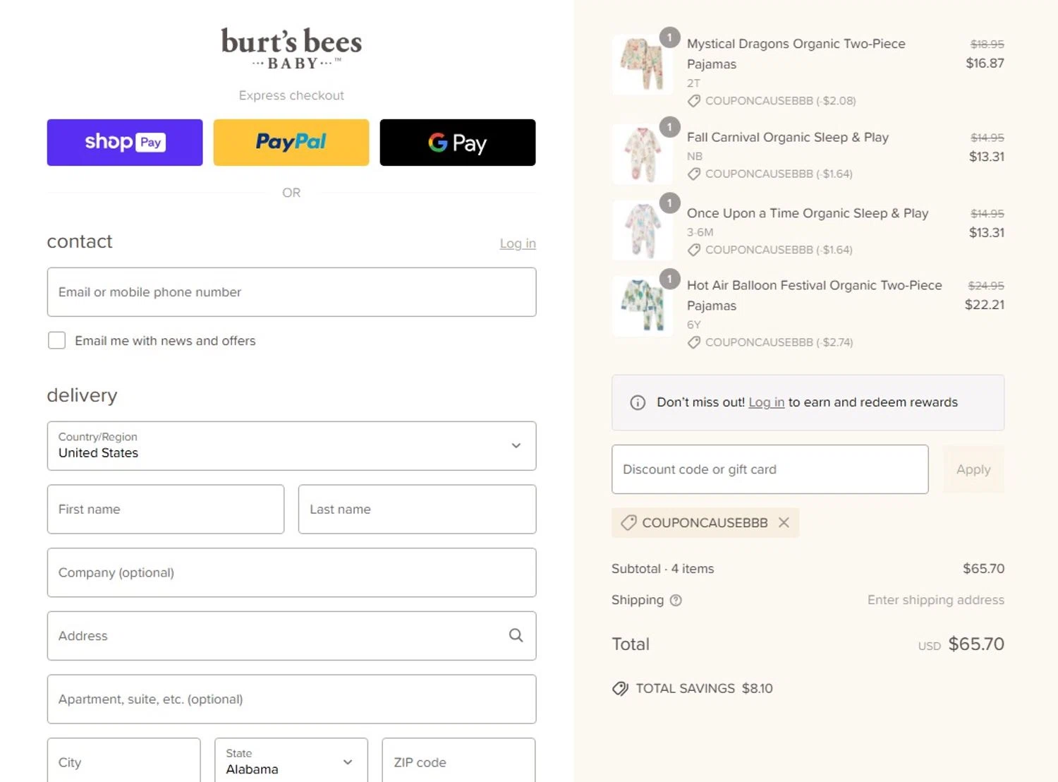 Burt's Bees Baby discount code screenshot showing code COUPONCAUSEBBB applied at Burt's Bees Baby checkout page. Uploaded by SimplyCodes community member criah256752 on Jul 1, 2025