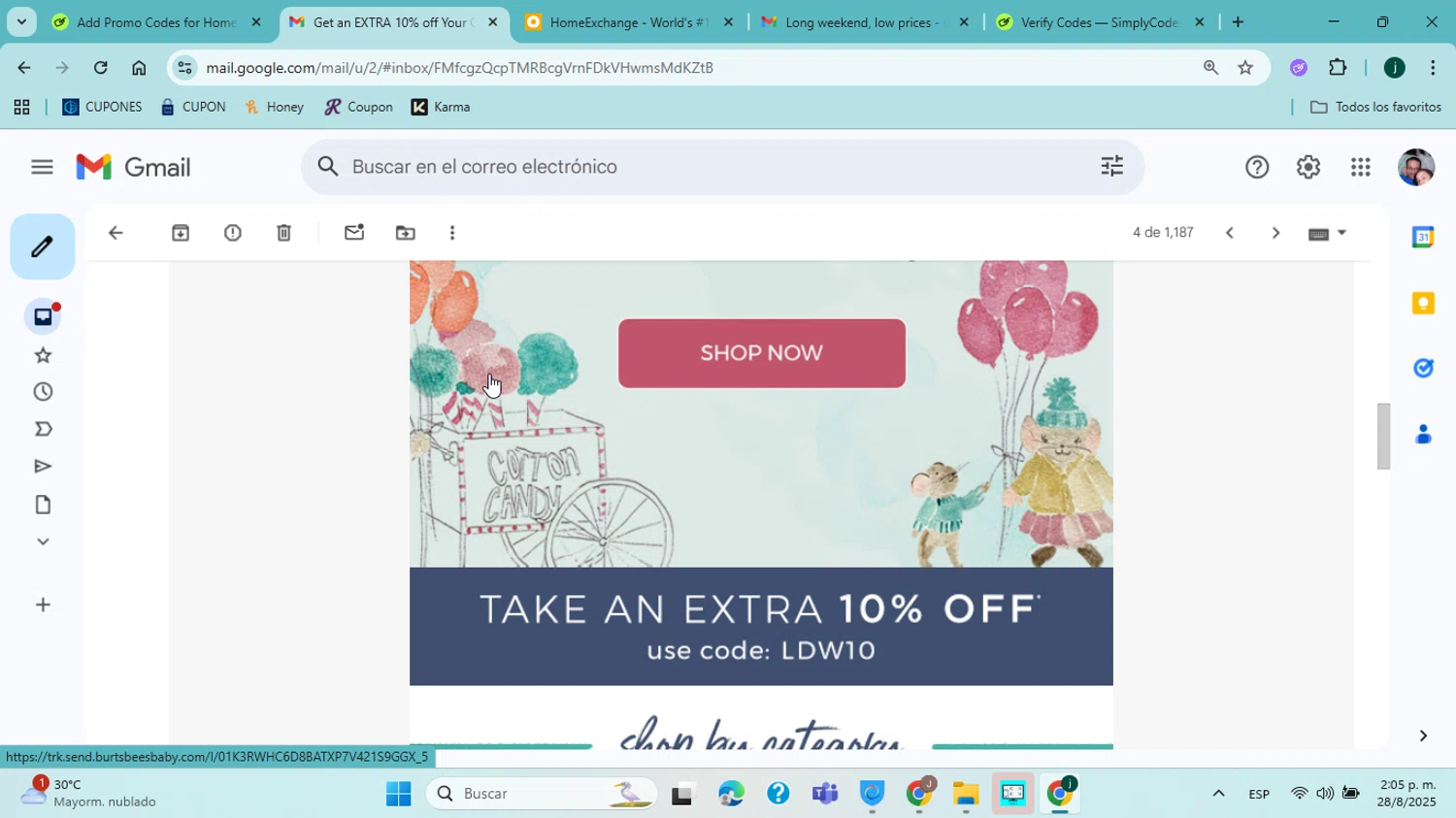 Burt's Bees Baby discount code screenshot showing code LDW10 applied at Burt's Bees Baby checkout page. Uploaded by SimplyCodes community member jorgejavierherrera on Aug 28, 2025