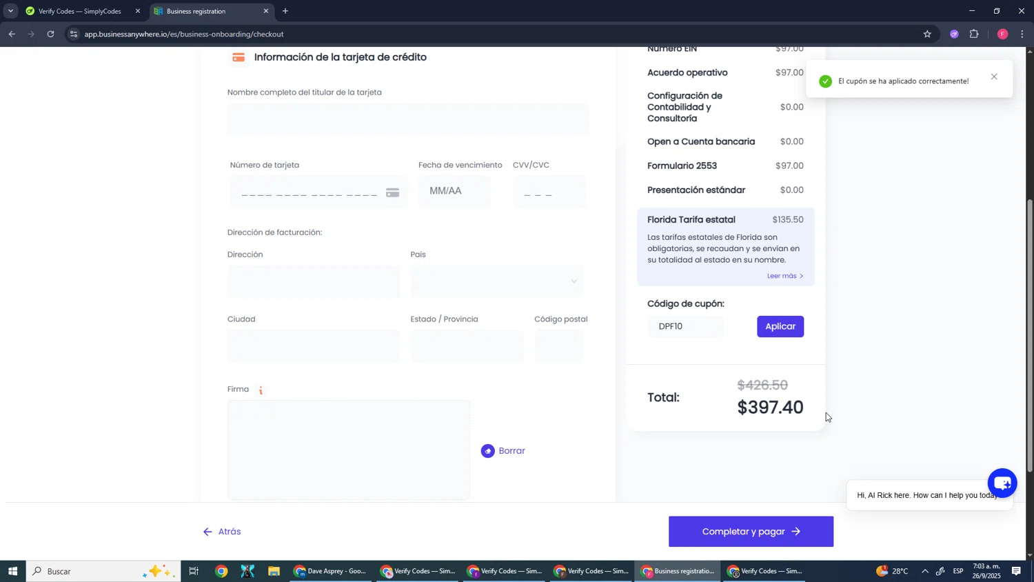 Business Anywhere promo code screenshot showing code DPF10 applied at Business Anywhere checkout page. Uploaded by SimplyCodes community member CleverMonarch1744 on Sep 26, 2025