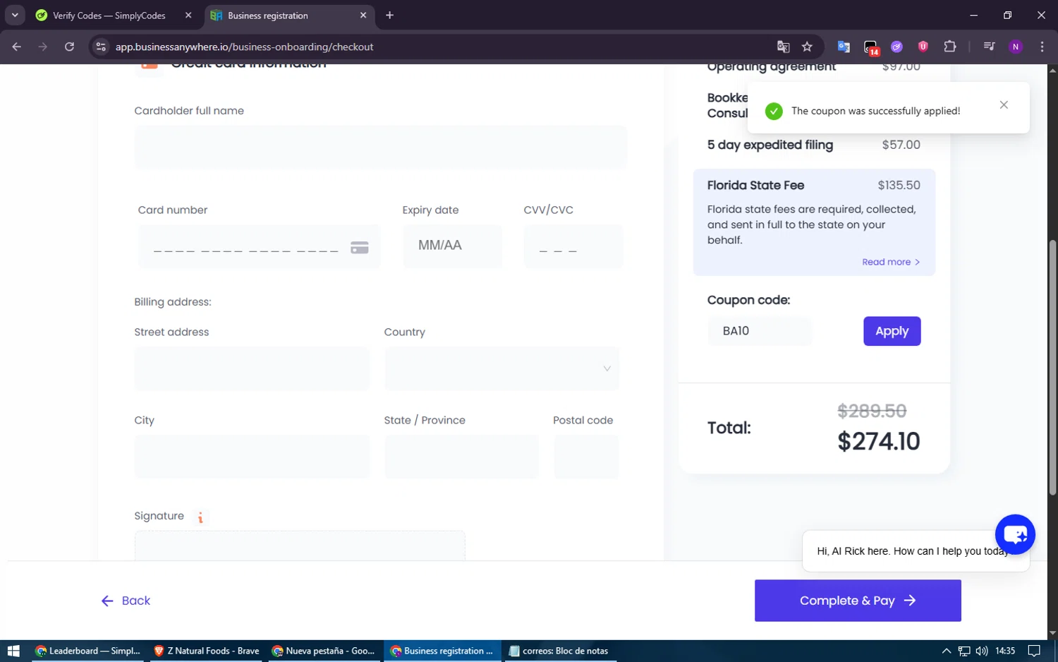Business Anywhere promo code screenshot showing code BA10 applied at Business Anywhere checkout page. Uploaded by SimplyCodes community member ShieldElite2370 on Nov 5, 2025