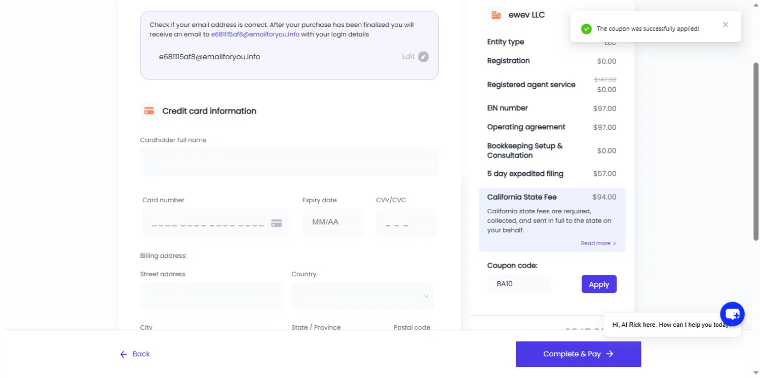 Business Anywhere promo code screenshot showing code BA10 applied at Business Anywhere checkout page. Uploaded by SimplyCodes community member renegul on Oct 7, 2025