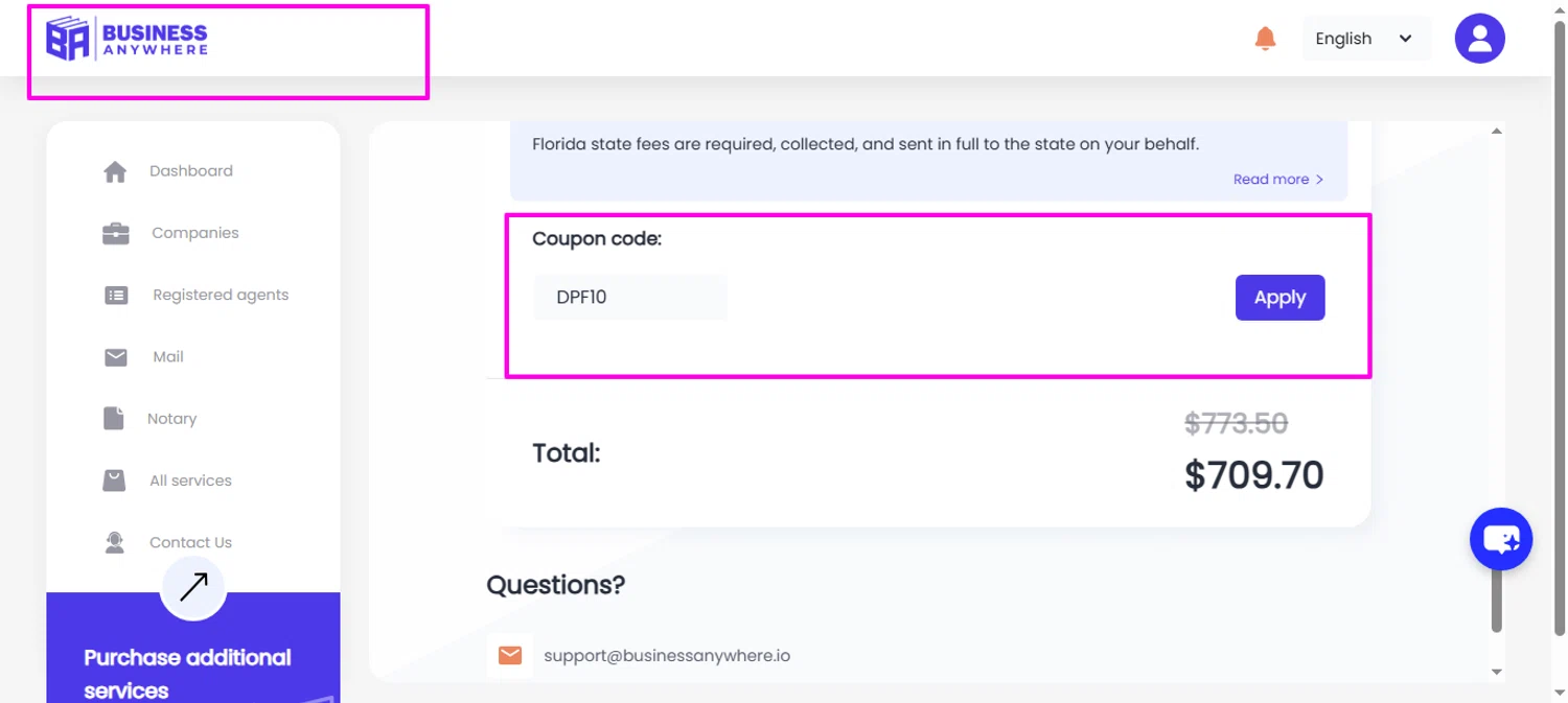 Business Anywhere promo code screenshot showing code DPF10 applied at Business Anywhere checkout page. Uploaded by SimplyCodes community member mrdarcy on Jun 25, 2025