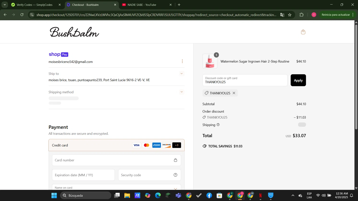 Bushbalm discount code screenshot showing code THANKYOU25 applied at Bushbalm checkout page. Uploaded by SimplyCodes community member MightyGuardian8404 on Apr 20, 2025