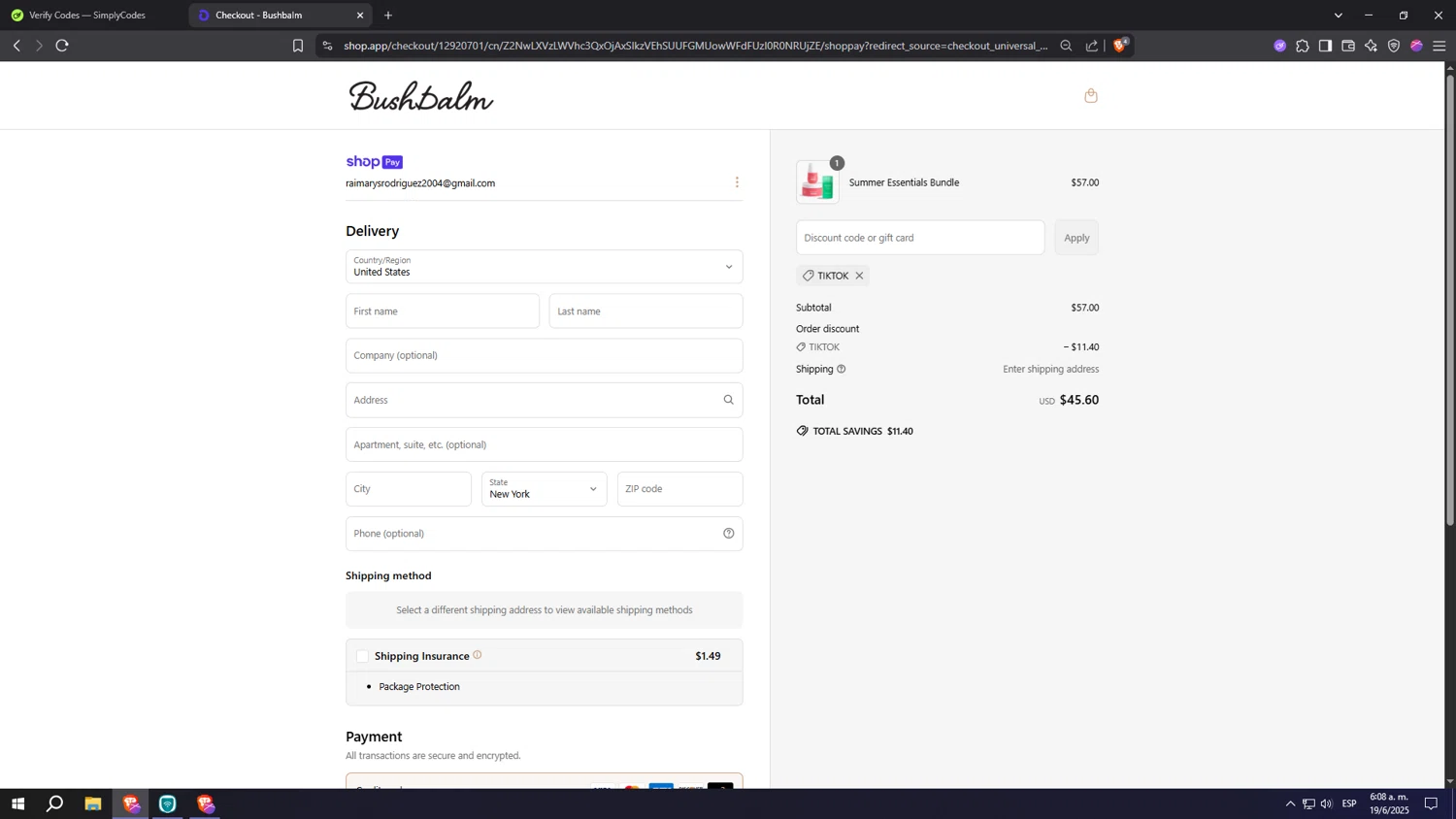 Bushbalm discount code screenshot showing code TIKTOK applied at Bushbalm checkout page. Uploaded by SimplyCodes community member Machi005 on Jun 19, 2025