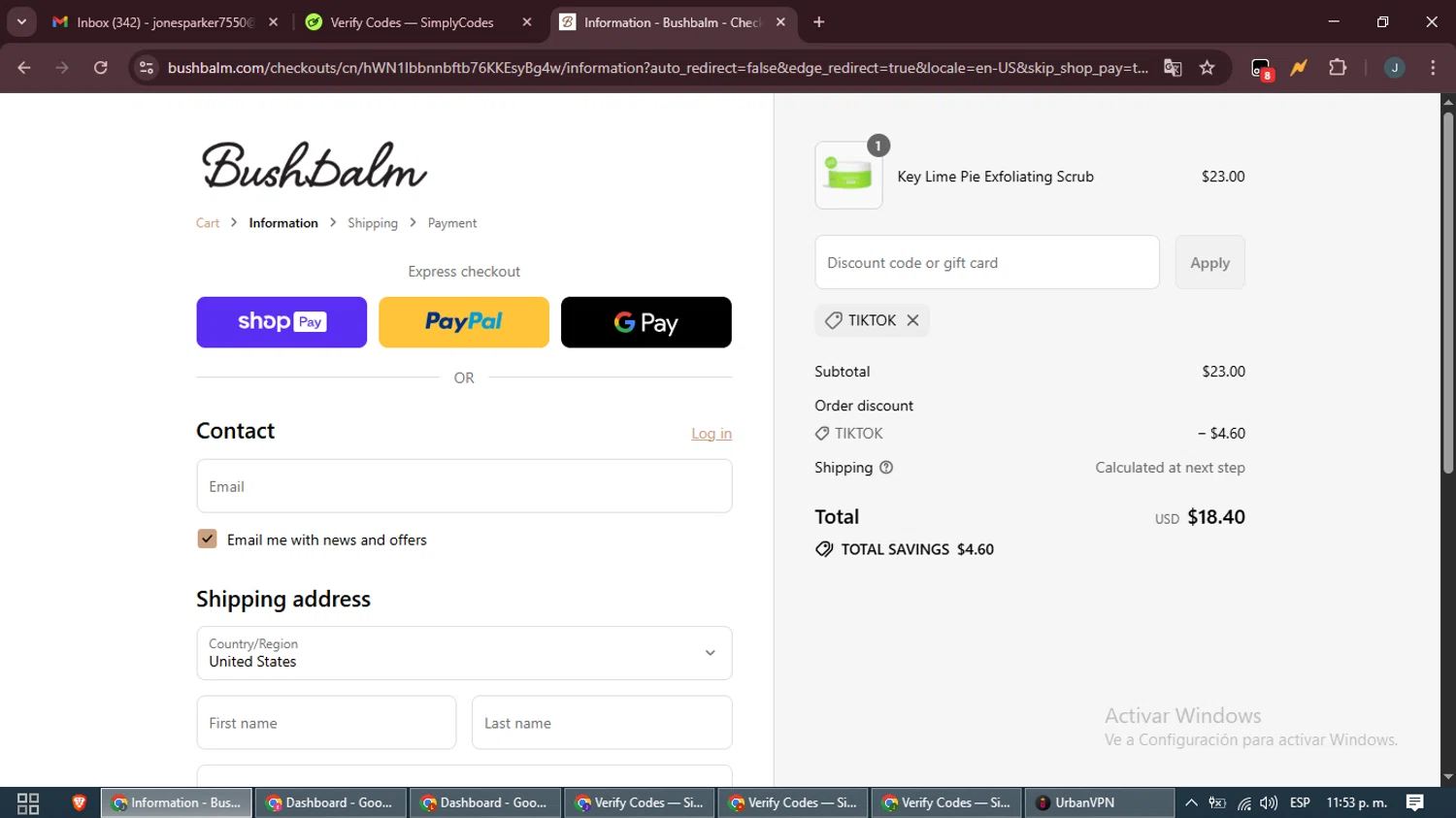 Bushbalm discount code screenshot showing code TIKTOK applied at Bushbalm checkout page. Uploaded by SimplyCodes community member ScanLynx8928 on Aug 13, 2025