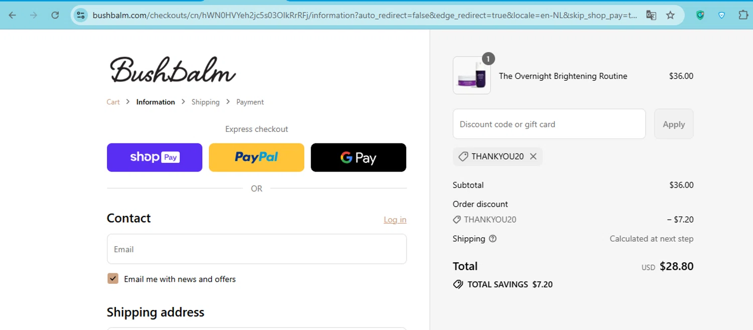 Bushbalm discount code screenshot showing code thankyou20 applied at Bushbalm checkout page. Uploaded by SimplyCodes community member carol_lameda on Jul 5, 2025