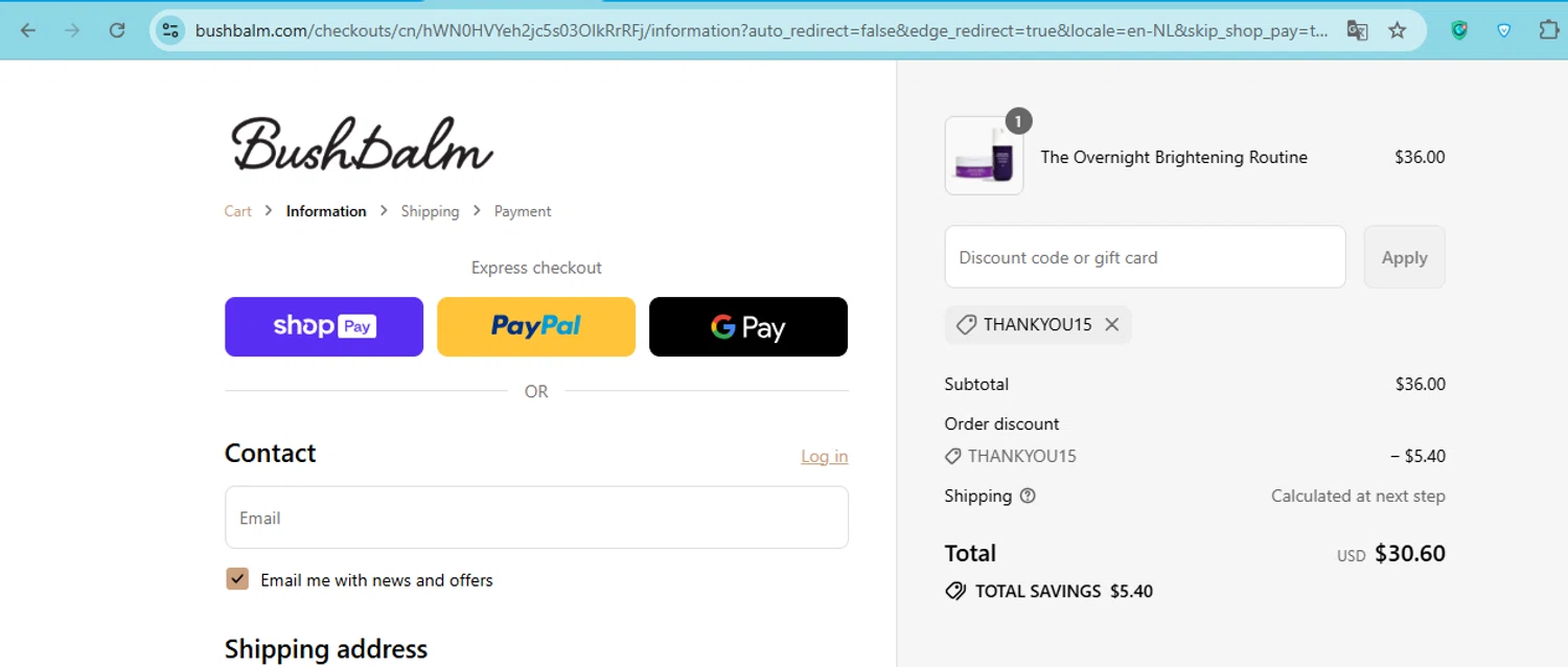 Bushbalm discount code screenshot showing code thankyou15 applied at Bushbalm checkout page. Uploaded by SimplyCodes community member carol_lameda on Jul 5, 2025