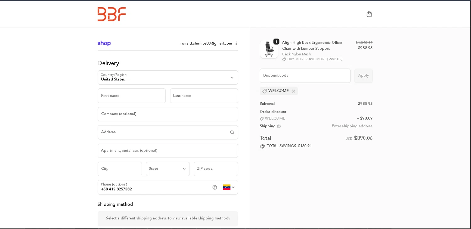 Bush Business Furniture coupon code screenshot showing code WELCOME applied at Bush Business Furniture checkout page. Uploaded by SimplyCodes community member CrownAce9258 on Dec 27, 2025