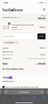 LAUREN20 coupon verification screenshot