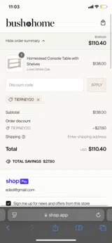 TIERNEY20 coupon verification screenshot