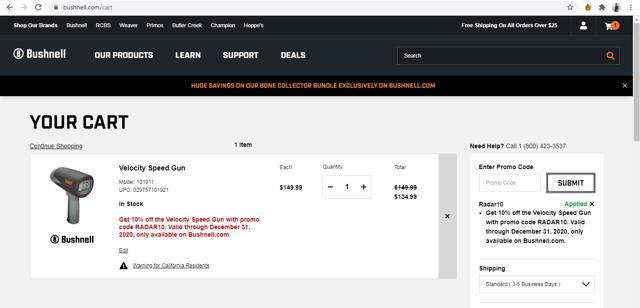 Bushnell checkout page showing Bushnell coupon code box | Screenshot taken by SimplyCodes community member on Nov 23, 2020