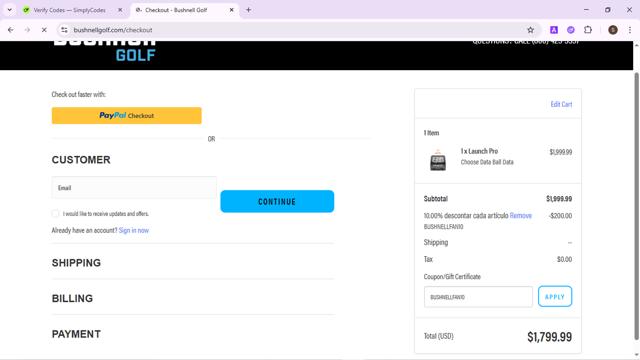 Bushnell Golf checkout page showing Bushnell Golf coupon code box | Screenshot taken by SimplyCodes community member on Jun 19, 2025