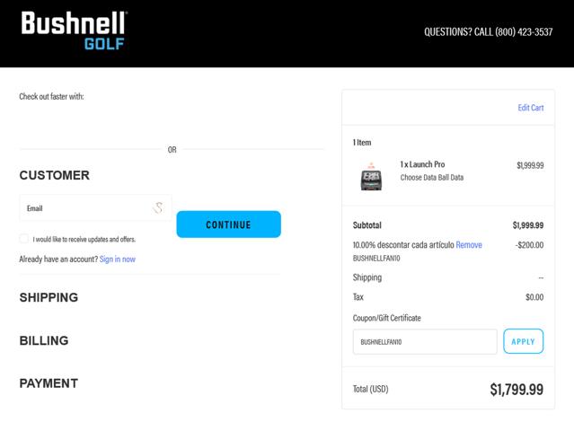 Bushnell Golf checkout page showing Bushnell Golf coupon code box | Screenshot taken by SimplyCodes community member on Jul 30, 2025
