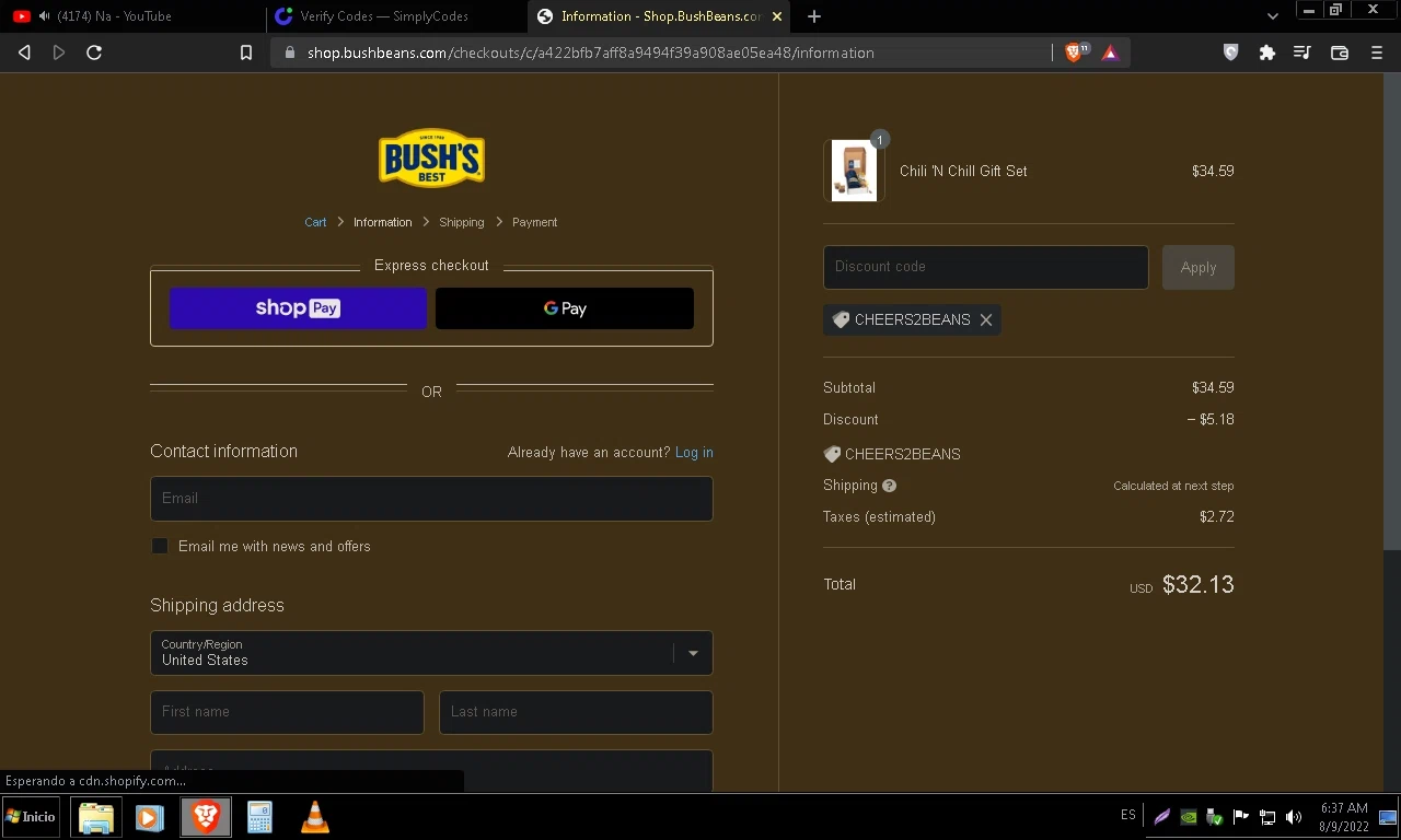 Bush's Best checkout page showing Bush's Best promo code box | Screenshot taken by SimplyCodes community member on Aug 9, 2022