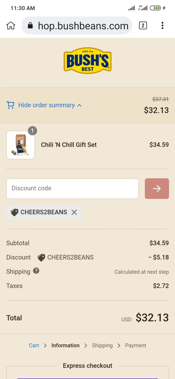 Bush's Best checkout page showing Bush's Best promo code box | Screenshot taken by SimplyCodes community member on Feb 26, 2022