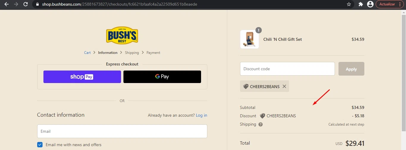 Bush's Best checkout page showing Bush's Best promo code box | Screenshot taken by SimplyCodes community member on Apr 2, 2022