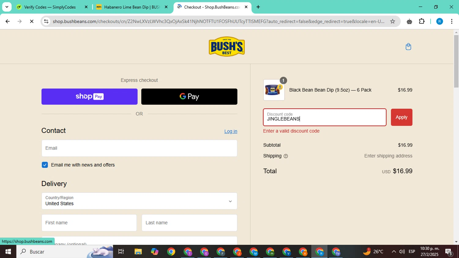 Bush's Best promo code screenshot showing code JINGLEBEANS applied at Bush's Best checkout page. Uploaded by SimplyCodes community member CodeShopper8605 on Feb 28, 2025