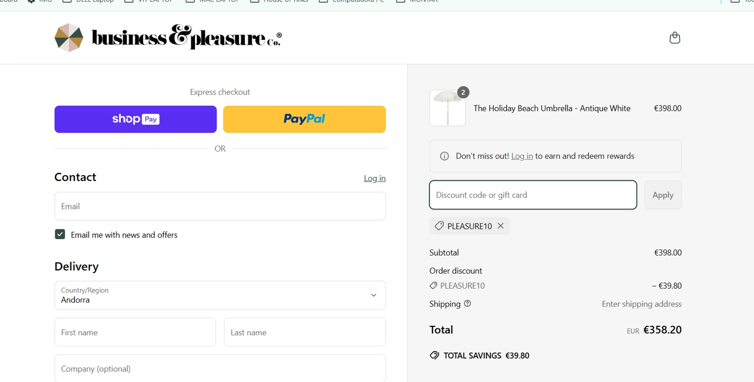 Business & Pleasure discount code screenshot showing code PLEASURE10 applied at Business & Pleasure checkout page. Uploaded by SimplyCodes community member DealPioneer4591 on Apr 16, 2025