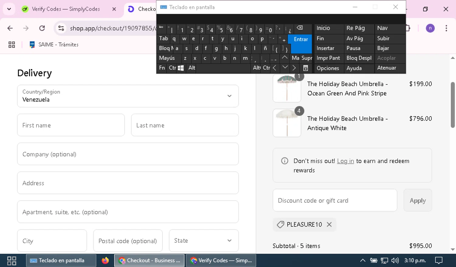 Business & Pleasure discount code screenshot showing code PLEASURE10 applied at Business & Pleasure checkout page. Uploaded by SimplyCodes community member nairelysnavarro1 on Apr 25, 2025