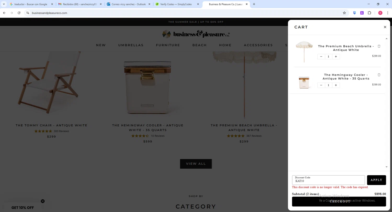 Business & Pleasure discount code screenshot showing code kat10 applied at Business & Pleasure checkout page. Uploaded by SimplyCodes community member ShieldWarden5142 on Aug 16, 2025