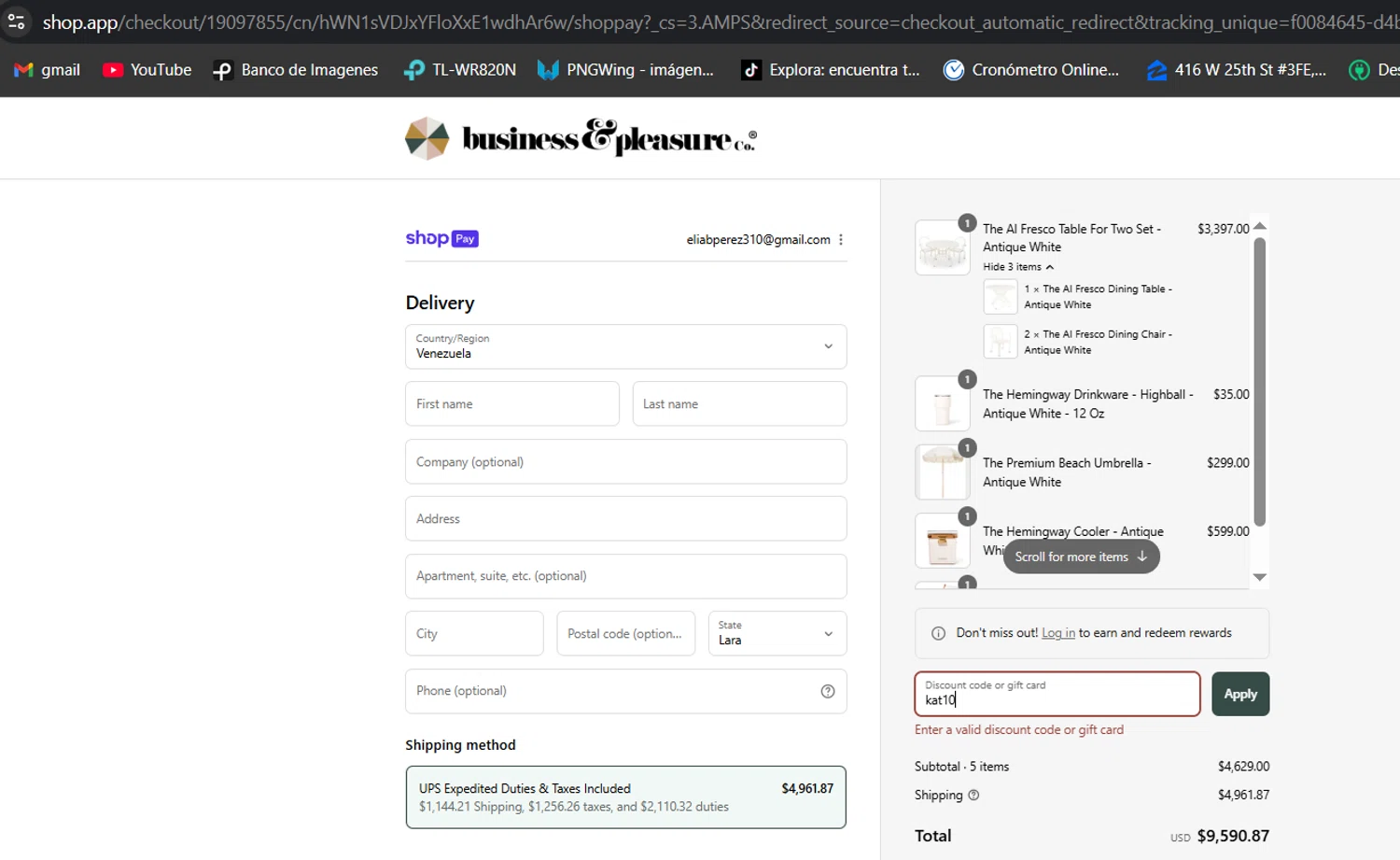 Business & Pleasure discount code screenshot showing code kat10 applied at Business & Pleasure checkout page. Uploaded by SimplyCodes community member jessikasanckez23 on Aug 16, 2025