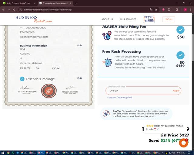 BusinessRocket checkout page showing BusinessRocket promo code box | Screenshot taken by SimplyCodes community member on Sep 7, 2025