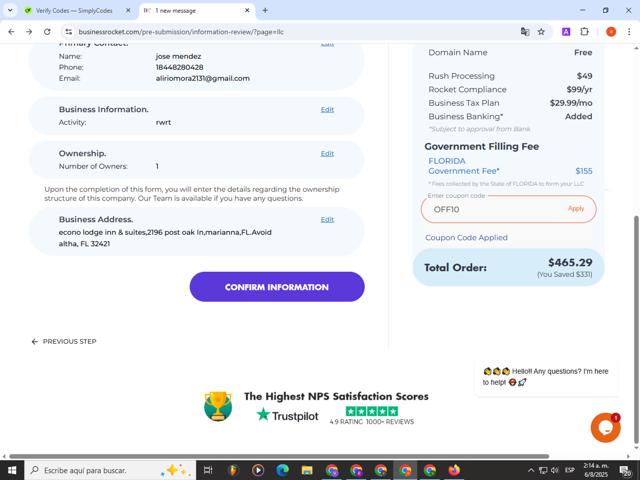 BusinessRocket checkout page showing BusinessRocket promo code box | Screenshot taken by SimplyCodes community member on Aug 6, 2025
