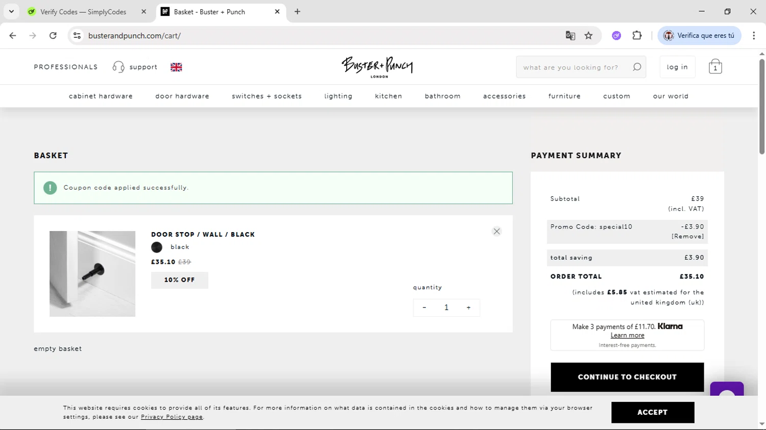 Buster + Punch promo code screenshot showing code special10 applied at Buster + Punch checkout page. Uploaded by SimplyCodes community member Salometta on May 27, 2025