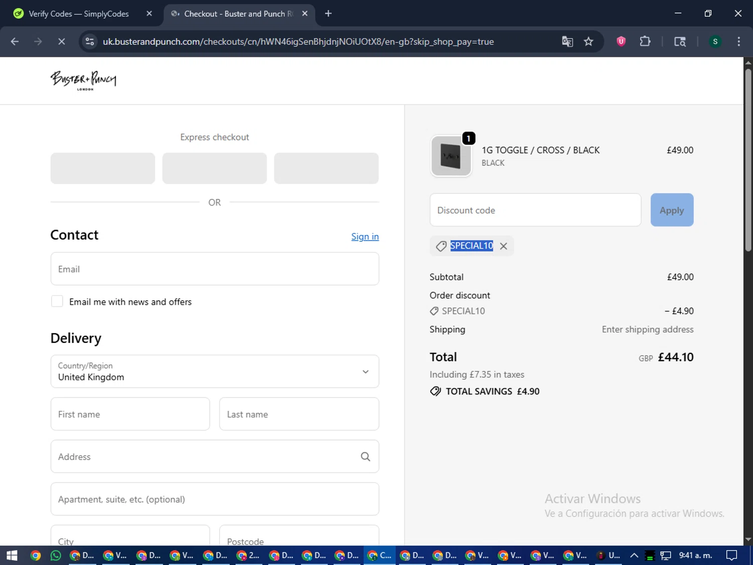 Buster + Punch promo code screenshot showing code special10 applied at Buster + Punch checkout page. Uploaded by SimplyCodes community member lilMosey on Oct 14, 2025