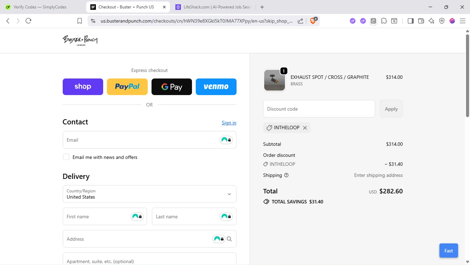 Buster + Punch promo code screenshot showing code intheloop applied at Buster + Punch checkout page. Uploaded by SimplyCodes community member SapeGato on Sep 19, 2025