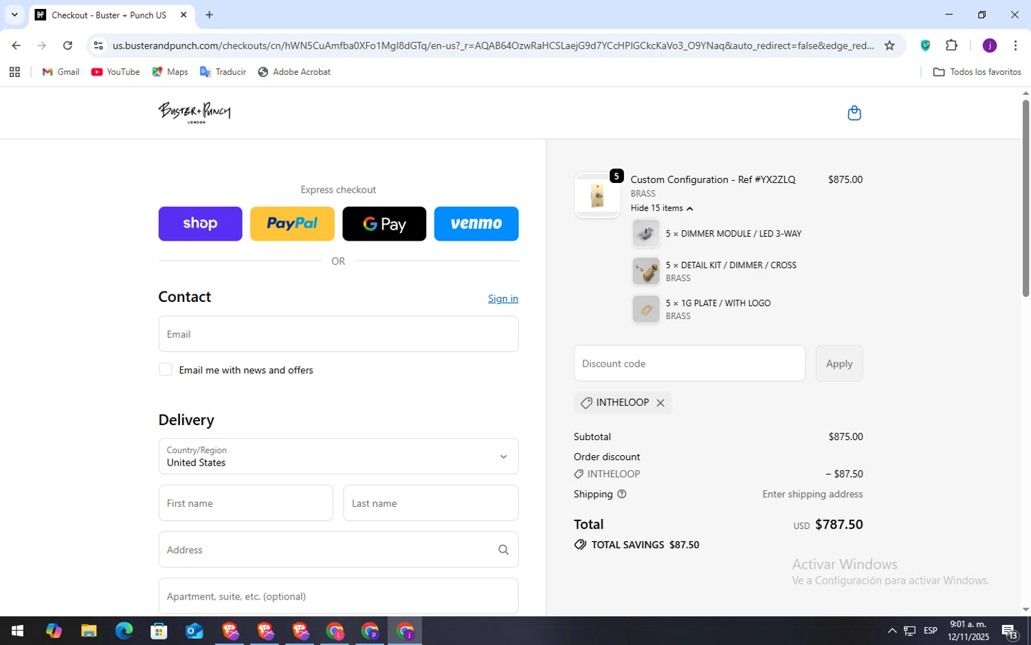 Buster + Punch promo code screenshot showing code intheloop applied at Buster + Punch checkout page. Uploaded by SimplyCodes community member TokenSaver1205 on Nov 12, 2025
