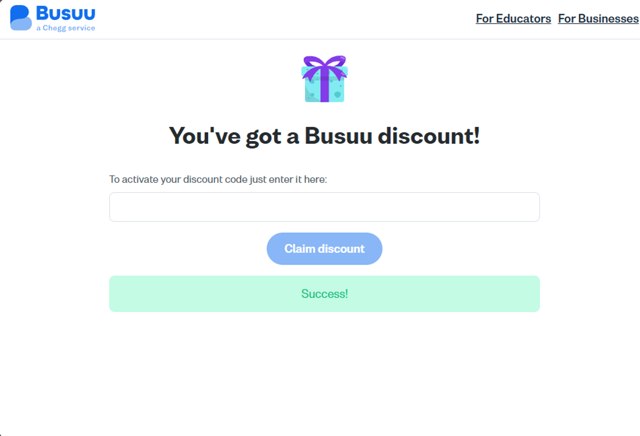 Busuu checkout page showing Busuu promo code box | Screenshot taken by SimplyCodes community member on Aug 13, 2025