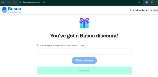Busuu checkout page showing Busuu promo code box | Screenshot taken by SimplyCodes community member on May 13, 2025