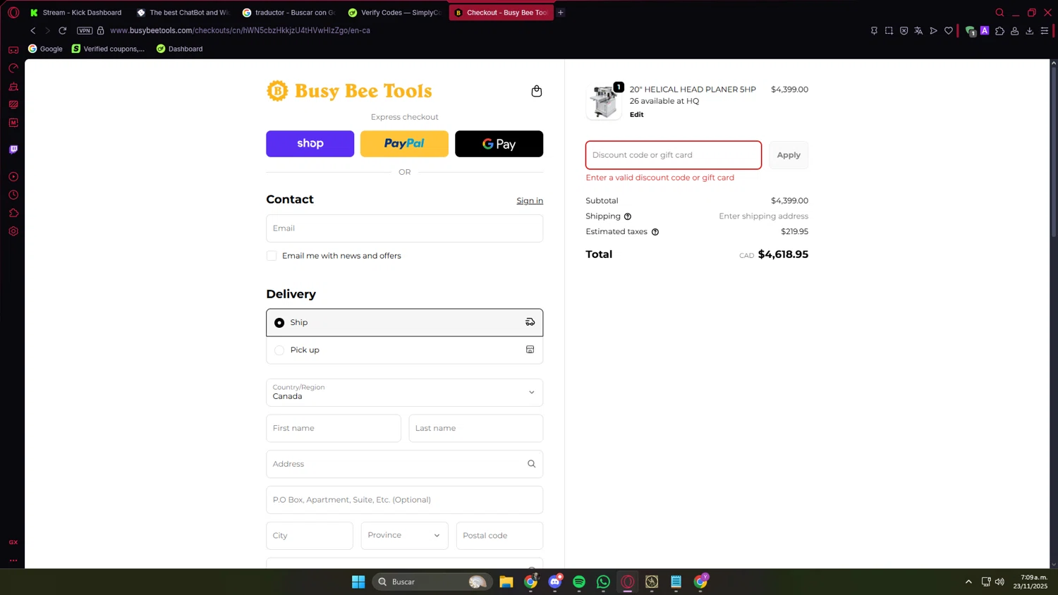 Busy Bee Tools coupon code screenshot showing code HOLIDAY10 applied at Busy Bee Tools checkout page. Uploaded by SimplyCodes community member PrimeVirtuoso9679 on Nov 23, 2025