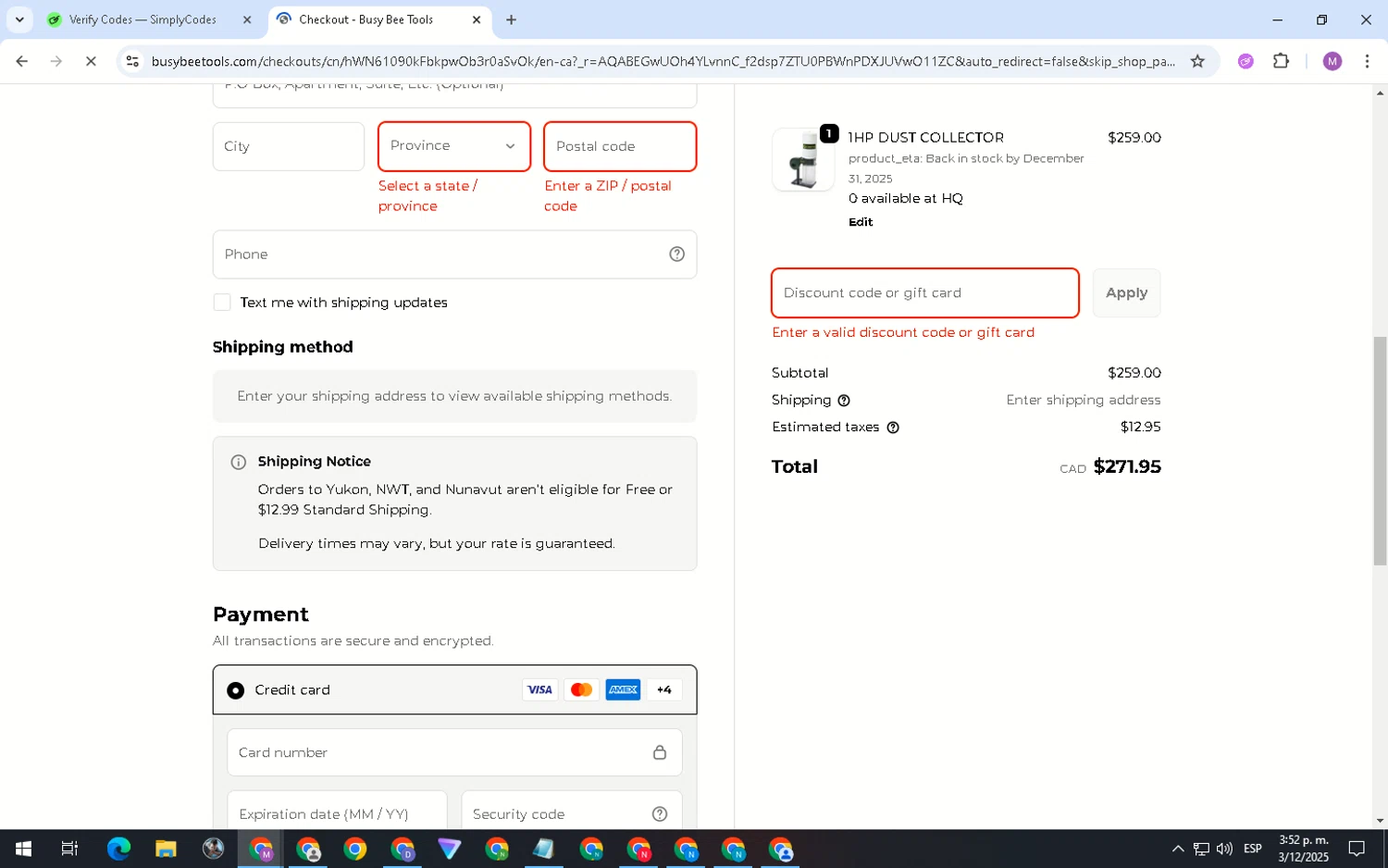 Busy Bee Tools coupon code screenshot showing code BF10 applied at Busy Bee Tools checkout page. Uploaded by SimplyCodes community member MightyShopper3015 on Dec 3, 2025