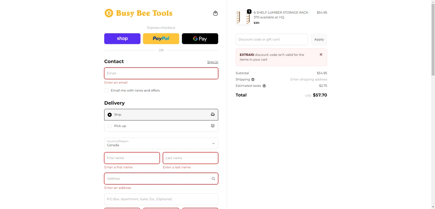 Busy Bee Tools coupon code screenshot showing code EXTRA10 applied at Busy Bee Tools checkout page. Uploaded by SimplyCodes community member ThriftyPhoenix5129 on Dec 29, 2025