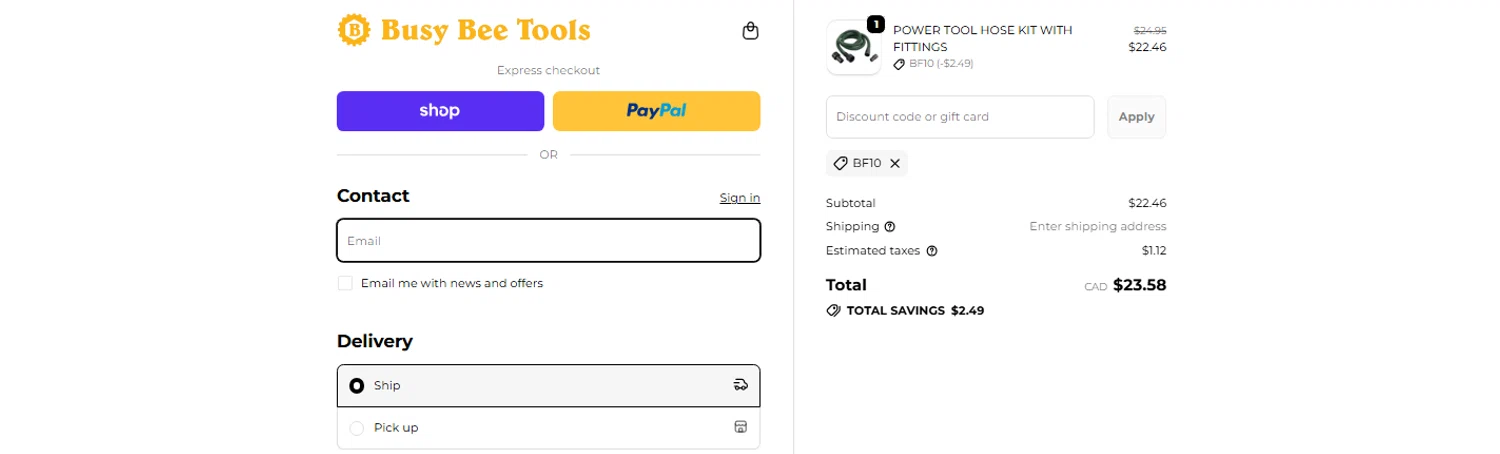 Busy Bee Tools coupon code screenshot showing code BF10 applied at Busy Bee Tools checkout page. Uploaded by SimplyCodes community member OnlywM on Nov 24, 2025
