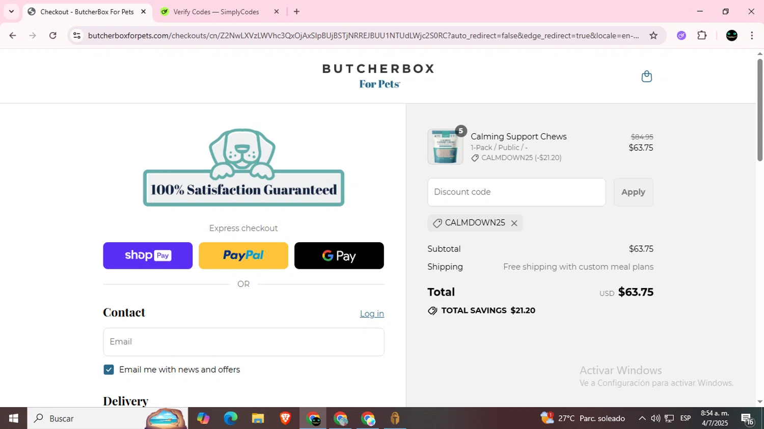 ButcherBox For Pets promo code screenshot showing code CALMDOWN25 applied at ButcherBox For Pets checkout page. Uploaded by SimplyCodes community member BargainWizard5755 on Jul 4, 2025