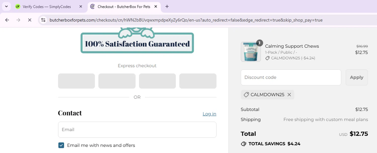 ButcherBox For Pets promo code screenshot showing code CALMDOWN25 applied at ButcherBox For Pets checkout page. Uploaded by SimplyCodes community member EnmanuelEDITOR on Sep 4, 2025
