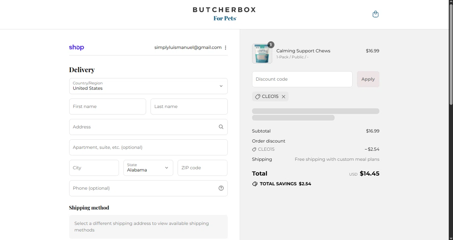 ButcherBox For Pets promo code screenshot showing code CLEO15 applied at ButcherBox For Pets checkout page. Uploaded by SimplyCodes community member CouponHero3179 on Sep 9, 2025