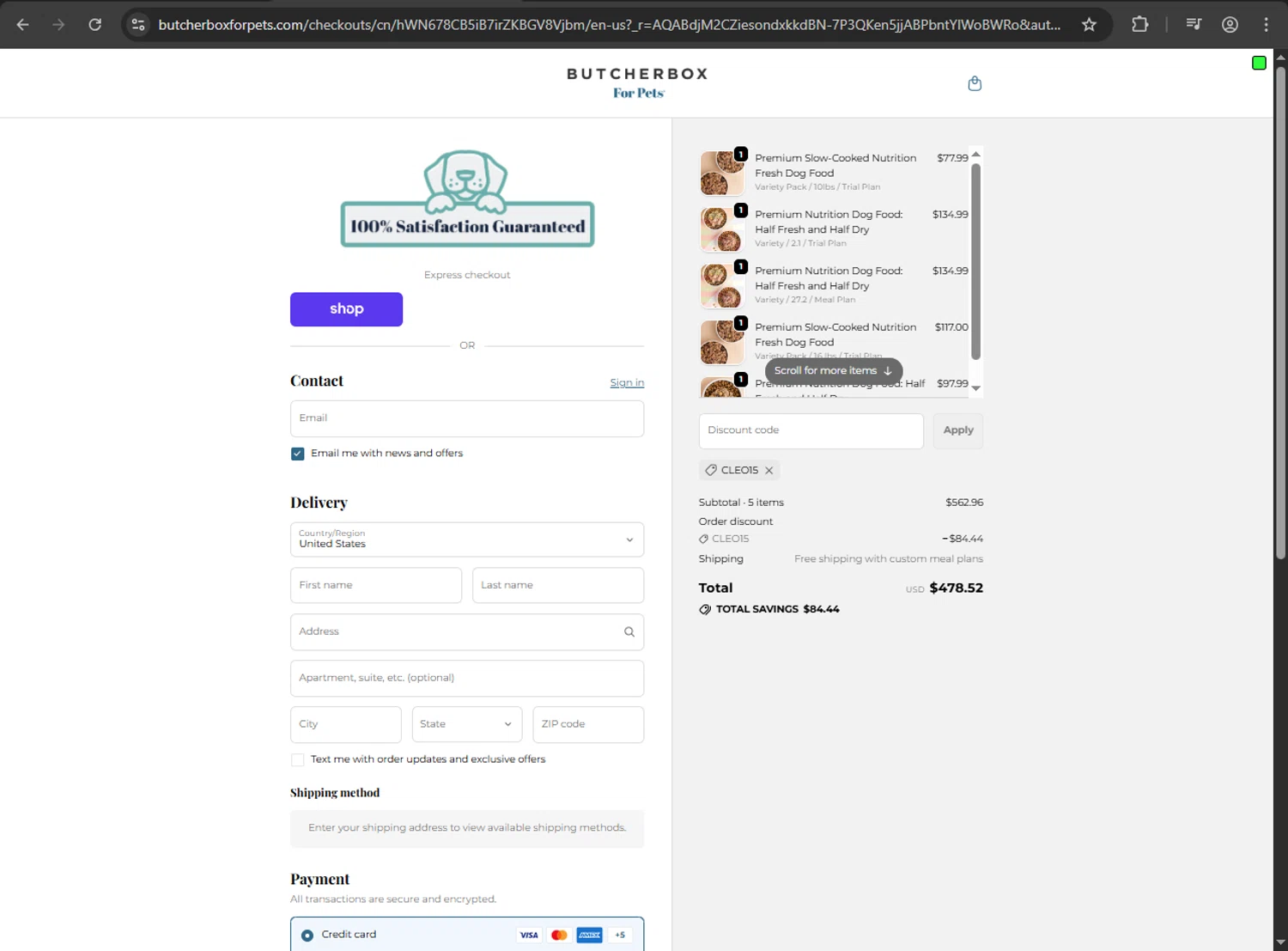 ButcherBox For Pets promo code screenshot showing code CLEO15 applied at ButcherBox For Pets checkout page. Uploaded by SimplyCodes community member JakePerrox on Dec 6, 2025